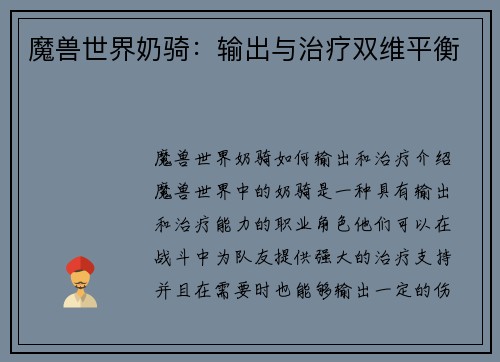 魔兽世界奶骑：输出与治疗双维平衡